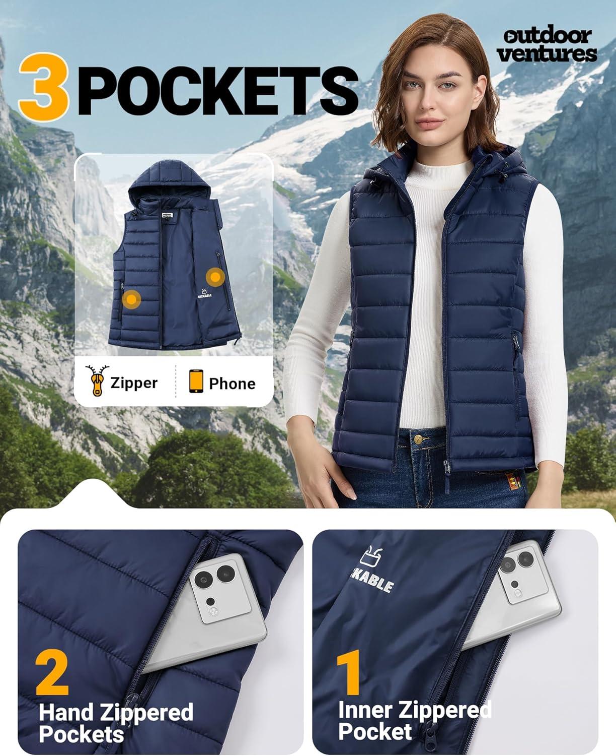 Outdoor Ventures Women’s Lightweight Packable Hooded Puffer Vest Outerwear Zip Up Warm Sleeveless Winter Jacket Quilted Coat(Blue)