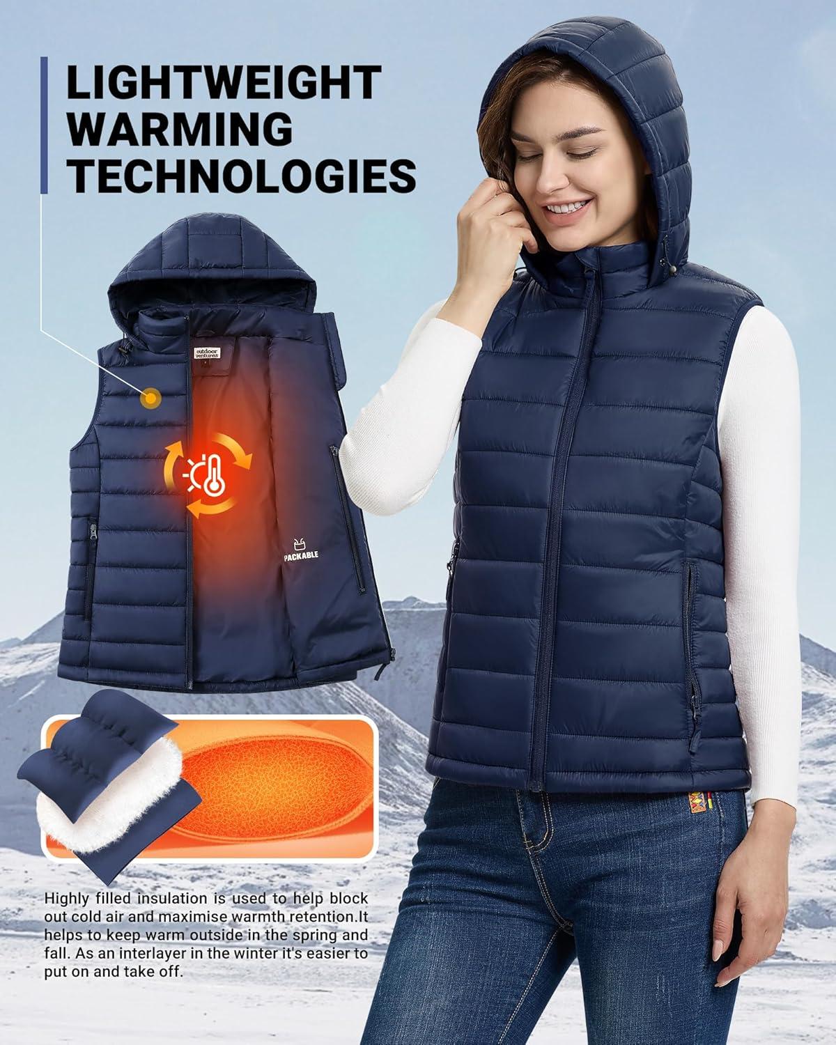 Outdoor Ventures Women’s Lightweight Packable Hooded Puffer Vest Outerwear Zip Up Warm Sleeveless Winter Jacket Quilted Coat(Blue)