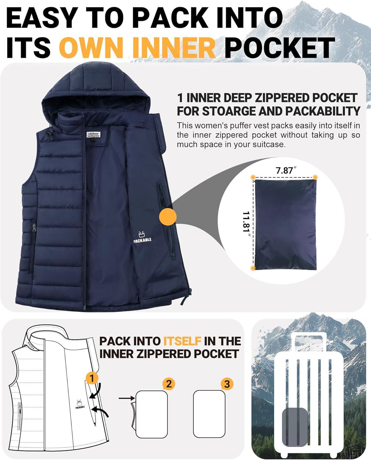Outdoor Ventures Women’s Lightweight Packable Hooded Puffer Vest Outerwear Zip Up Warm Sleeveless Winter Jacket Quilted Coat(Blue)