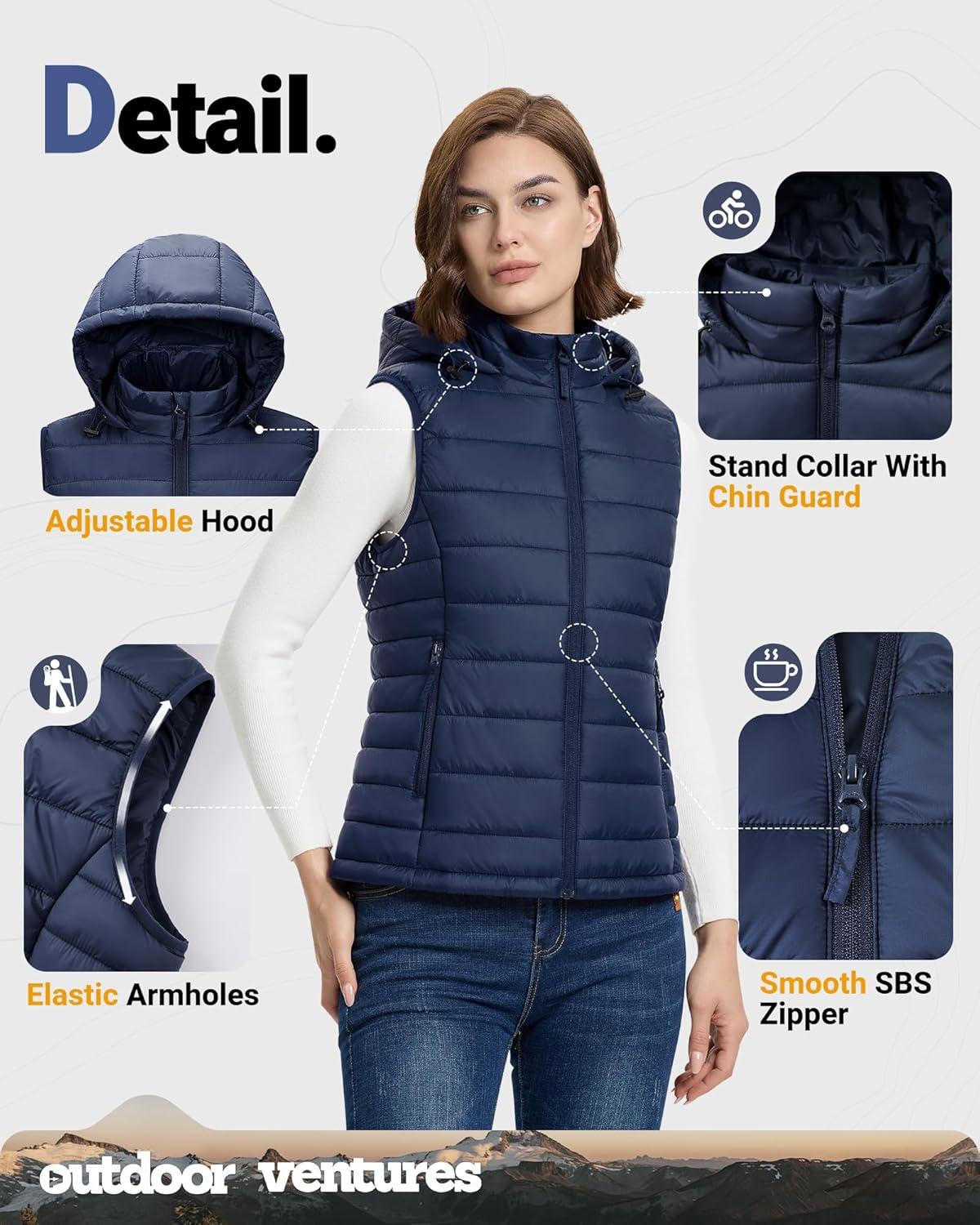 Outdoor Ventures Women’s Lightweight Packable Hooded Puffer Vest Outerwear Zip Up Warm Sleeveless Winter Jacket Quilted Coat(Blue)