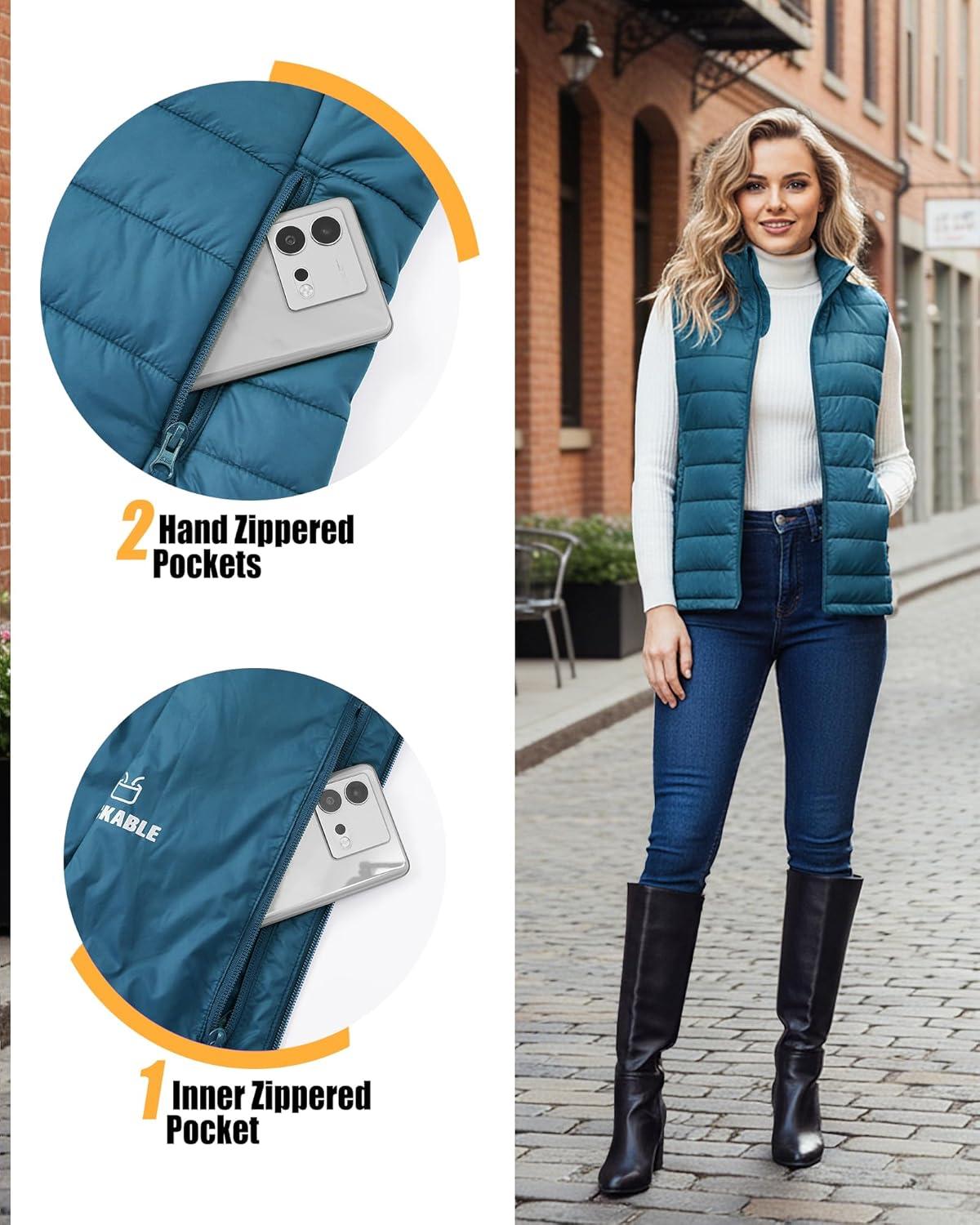 Outdoor Ventures Women’s Lightweight Puffer Vest Outerwear Zip Up Warm Sleeveless Winter Jacket Padded Gilet Quilted Coat(Modern Blue)