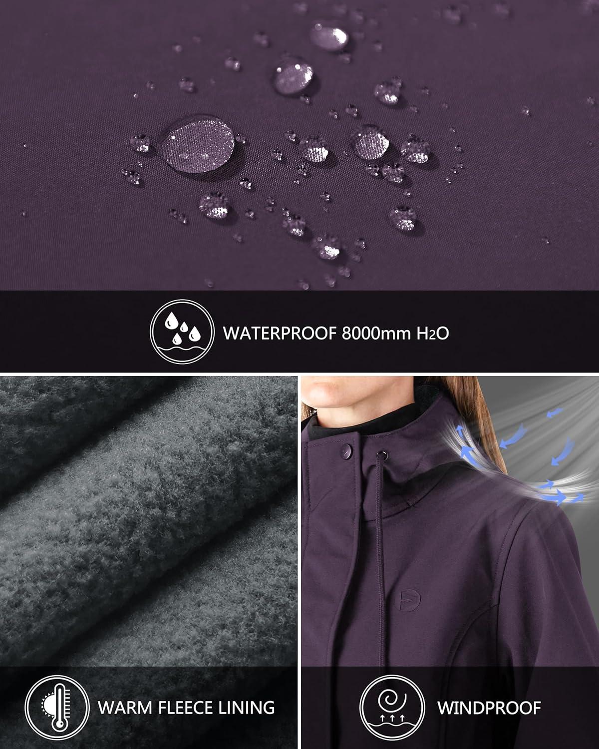Outdoor Ventures Women’s Lightweight Waterproof Fleece Lined Hooded Softshell Rain Jacket, Warm Windbreaker Long Coat(Purple)
