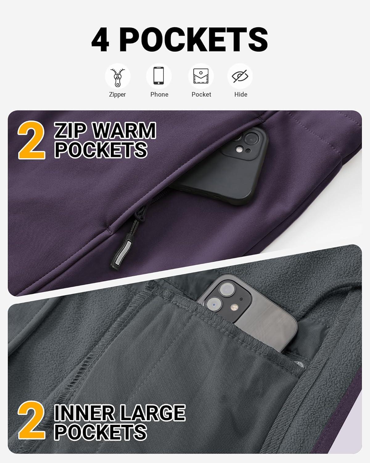 Outdoor Ventures Women’s Lightweight Waterproof Fleece Lined Hooded Softshell Rain Jacket, Warm Windbreaker Long Coat(Purple)