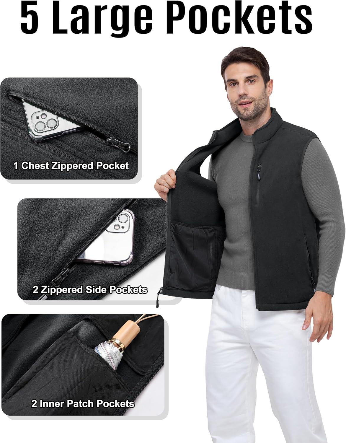 Outdoor Ventures Men’s Full-Zip Lightweight Polar Fleece Vest Outerwear with 5 Pockets Warm Winter Sleeveless Jacket Casual(Charcoal)