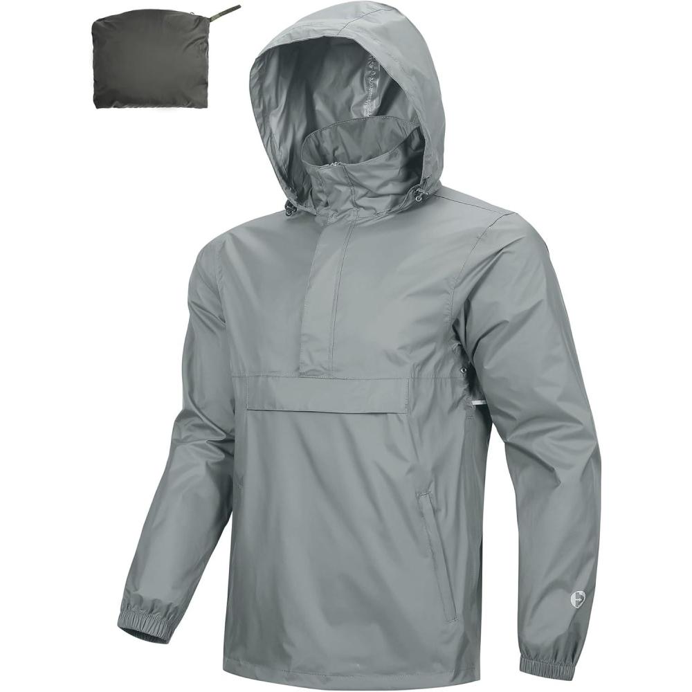 Outdoor Ventures Men’s Rain Jacket Waterproof Lightweight Packable Rain Pullover for Hiking Golf Running(Light Grey)