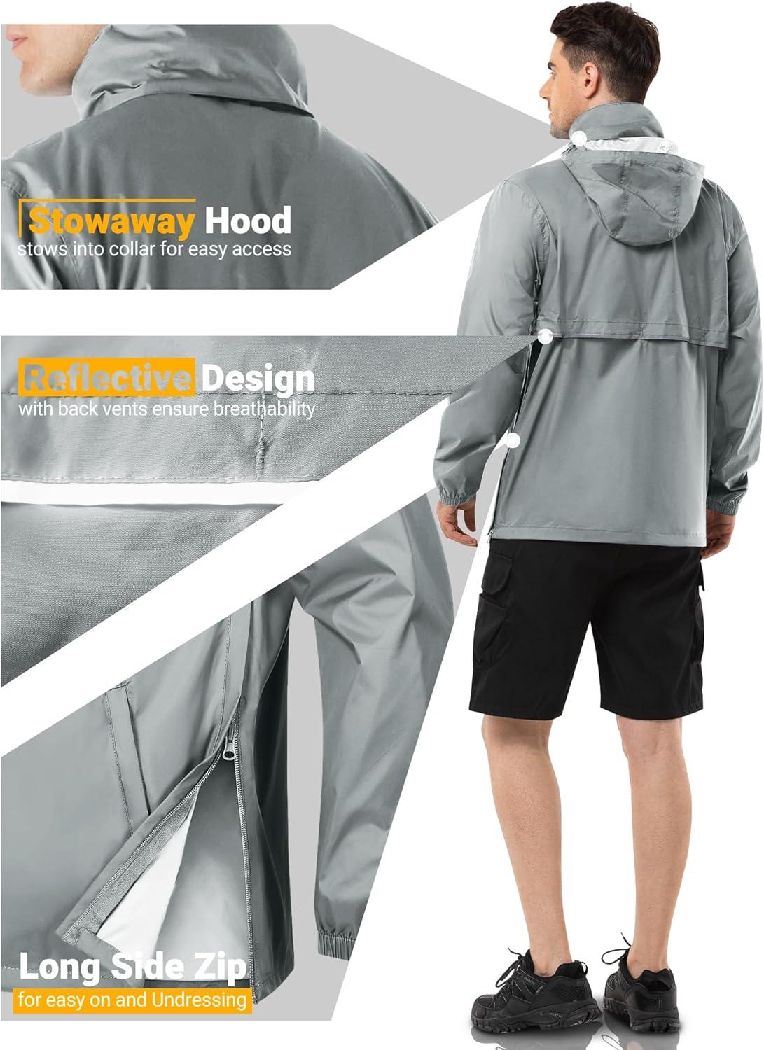 Outdoor Ventures Men’s Rain Jacket Waterproof Lightweight Packable Rain Pullover for Hiking Golf Running(Light Grey)