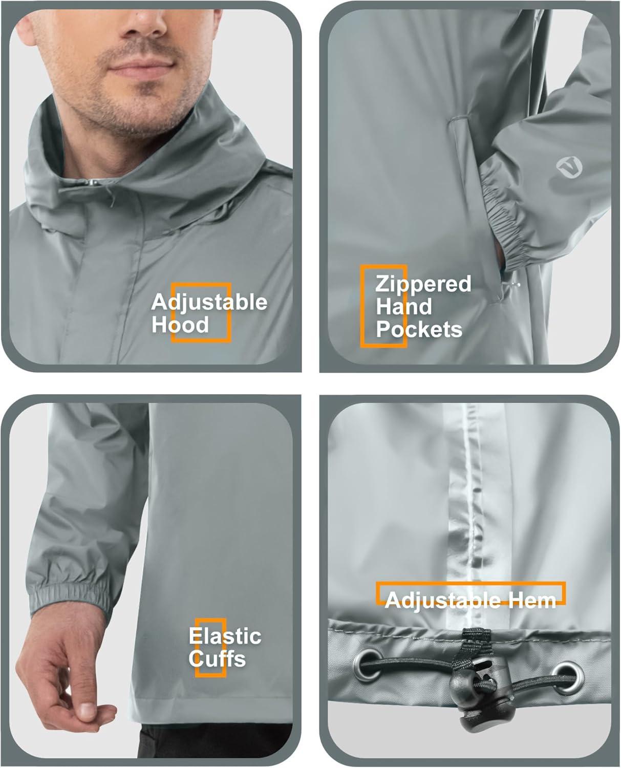Outdoor Ventures Men’s Rain Jacket Waterproof Lightweight Packable Rain Pullover for Hiking Golf Running(Light Grey)