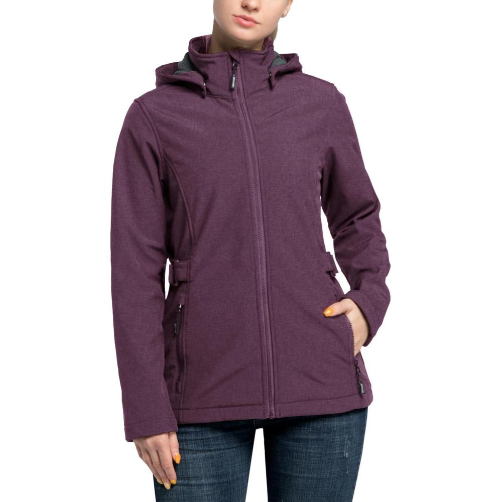 Outdoor Ventures Women’s Softshell Jacket with Removable Hood, Insulated Windbreaker Waterproof Warm Fleece Lined Coat(Purplish Red Heather)