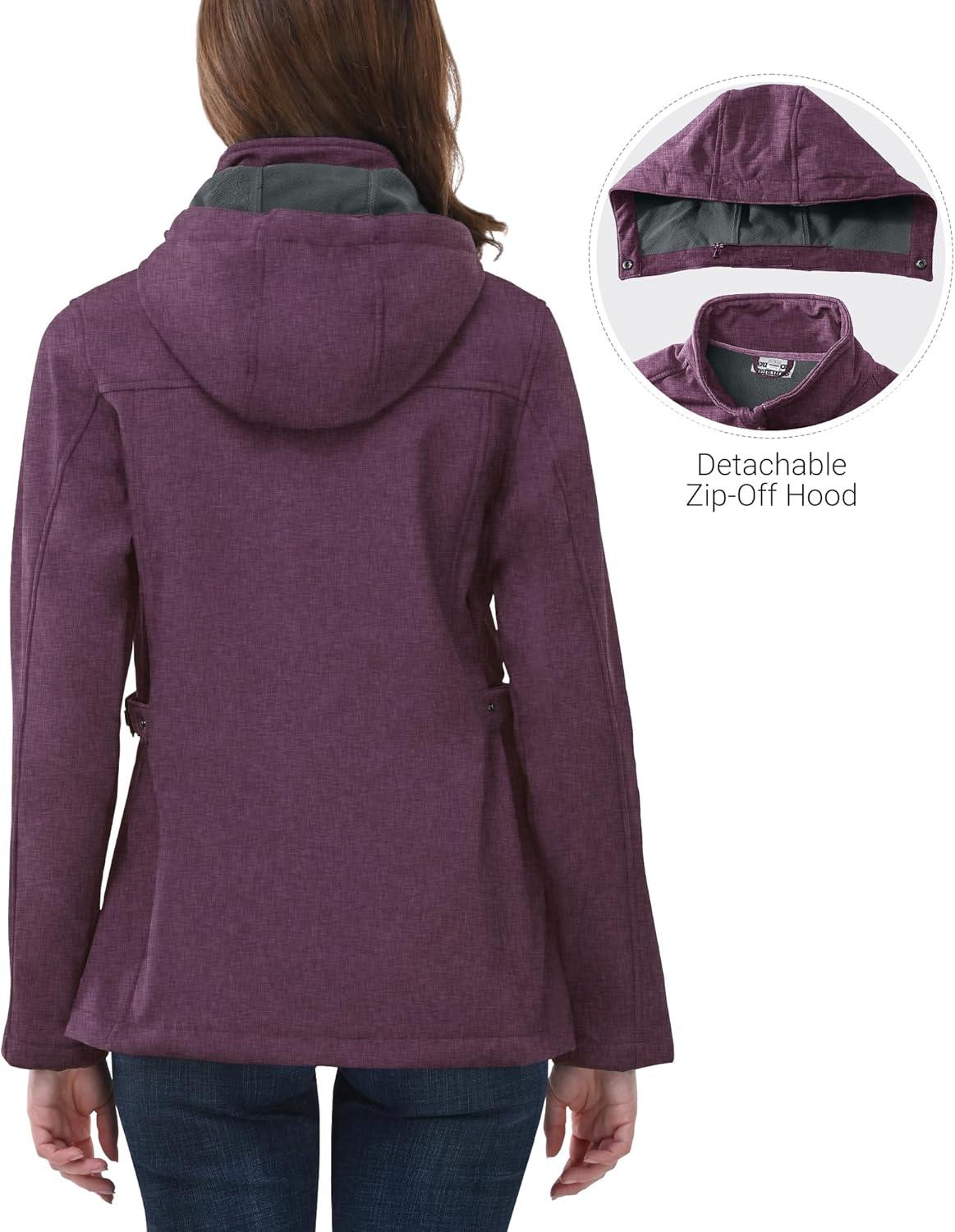 Outdoor Ventures Women’s Softshell Jacket with Removable Hood, Insulated Windbreaker Waterproof Warm Fleece Lined Coat(Purplish Red Heather)