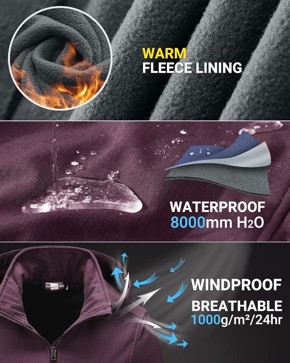 Outdoor Ventures Women’s Softshell Jacket with Removable Hood, Insulated Windbreaker Waterproof Warm Fleece Lined Coat(Purplish Red Heather)