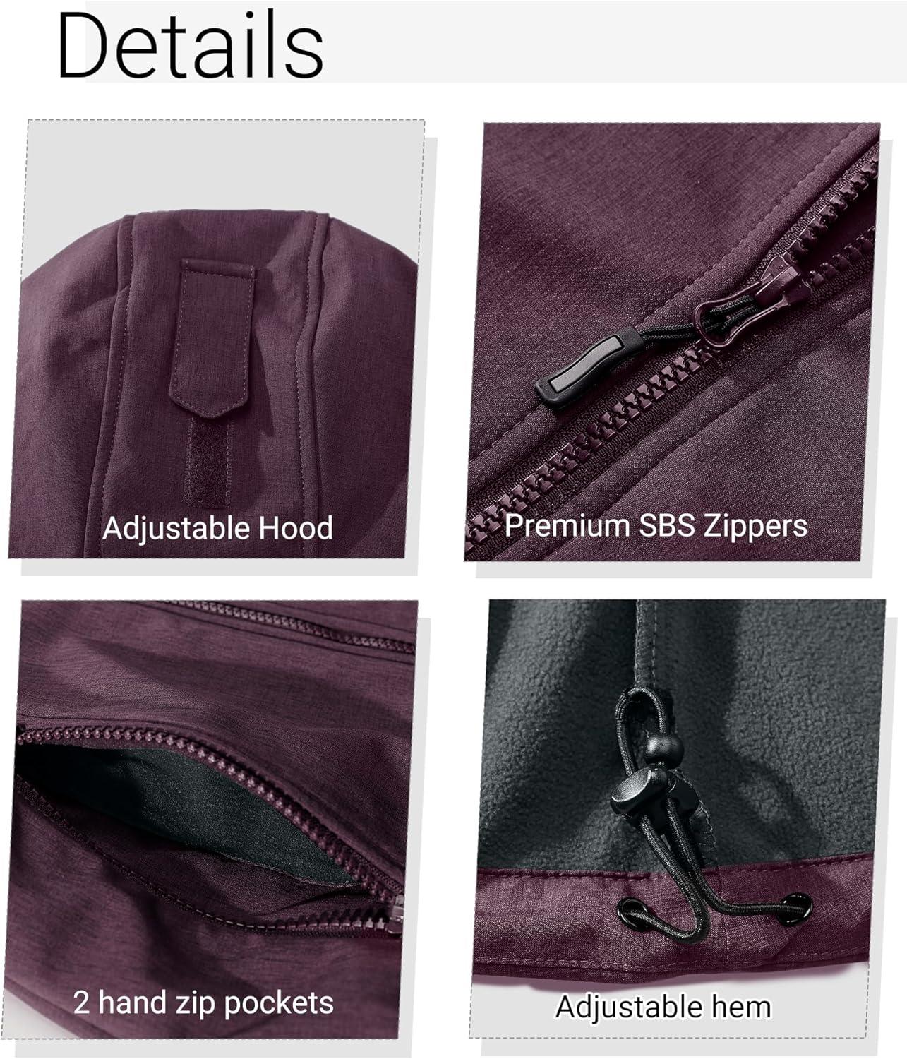 Outdoor Ventures Women’s Softshell Jacket with Removable Hood, Insulated Windbreaker Waterproof Warm Fleece Lined Coat(Purplish Red Heather)