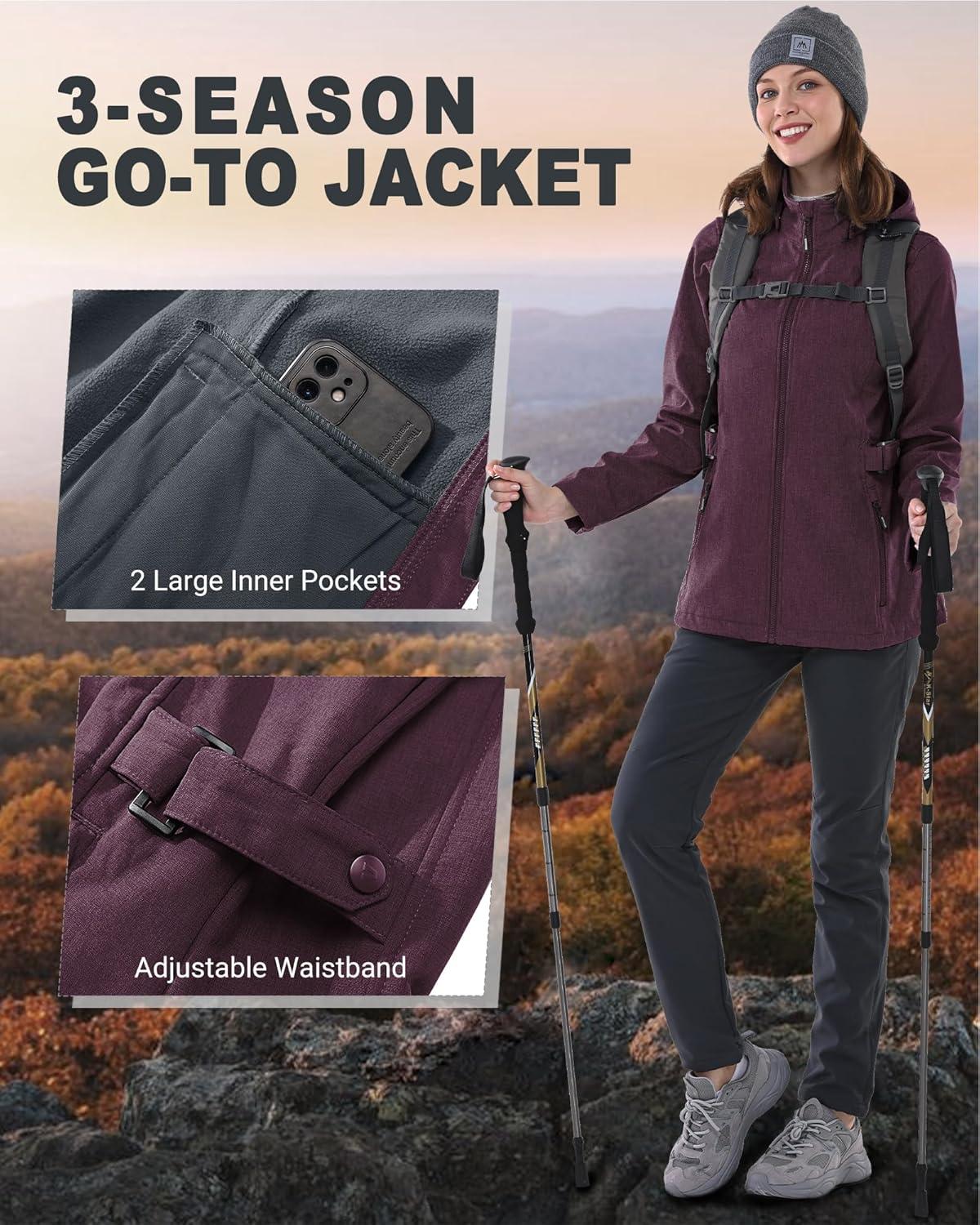 Outdoor Ventures Women’s Softshell Jacket with Removable Hood, Insulated Windbreaker Waterproof Warm Fleece Lined Coat(Purplish Red Heather)