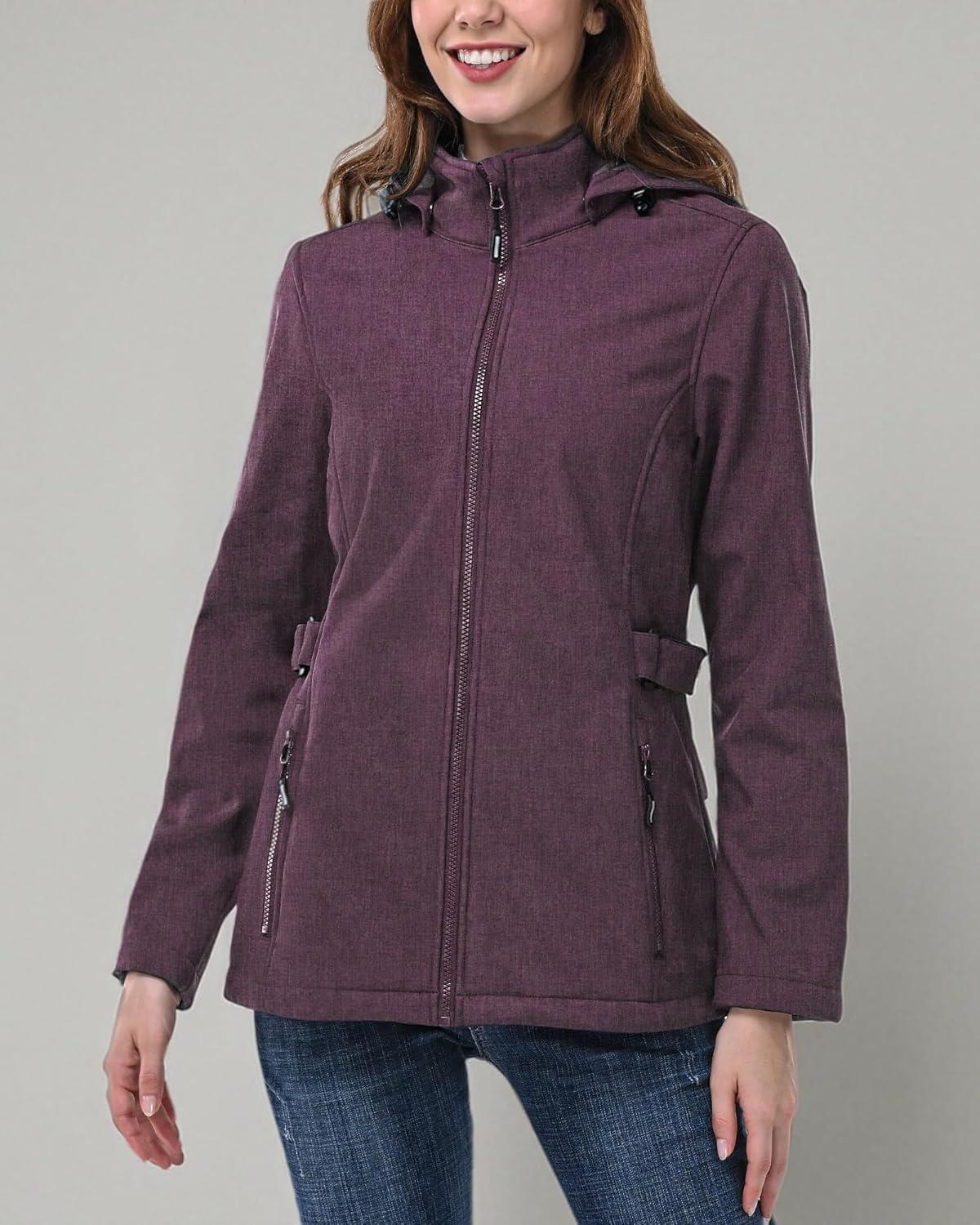 Outdoor Ventures Women’s Softshell Jacket with Removable Hood, Insulated Windbreaker Waterproof Warm Fleece Lined Coat(Purplish Red Heather)
