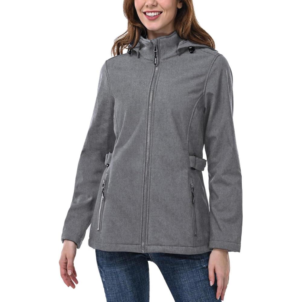 Outdoor Ventures Women’s Softshell Jacket with Removable Hood, Insulated Windbreaker Waterproof Warm Fleece Lined Coat(Light Grey Heather)