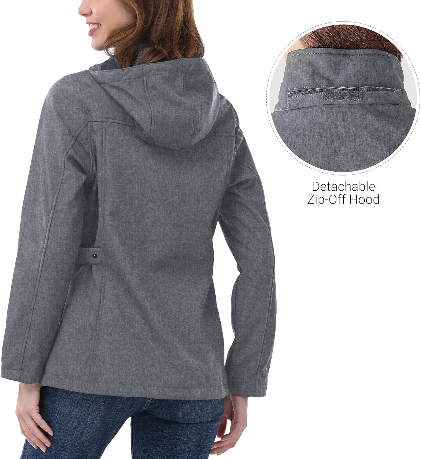 Outdoor Ventures Women’s Softshell Jacket with Removable Hood, Insulated Windbreaker Waterproof Warm Fleece Lined Coat(Light Grey Heather)