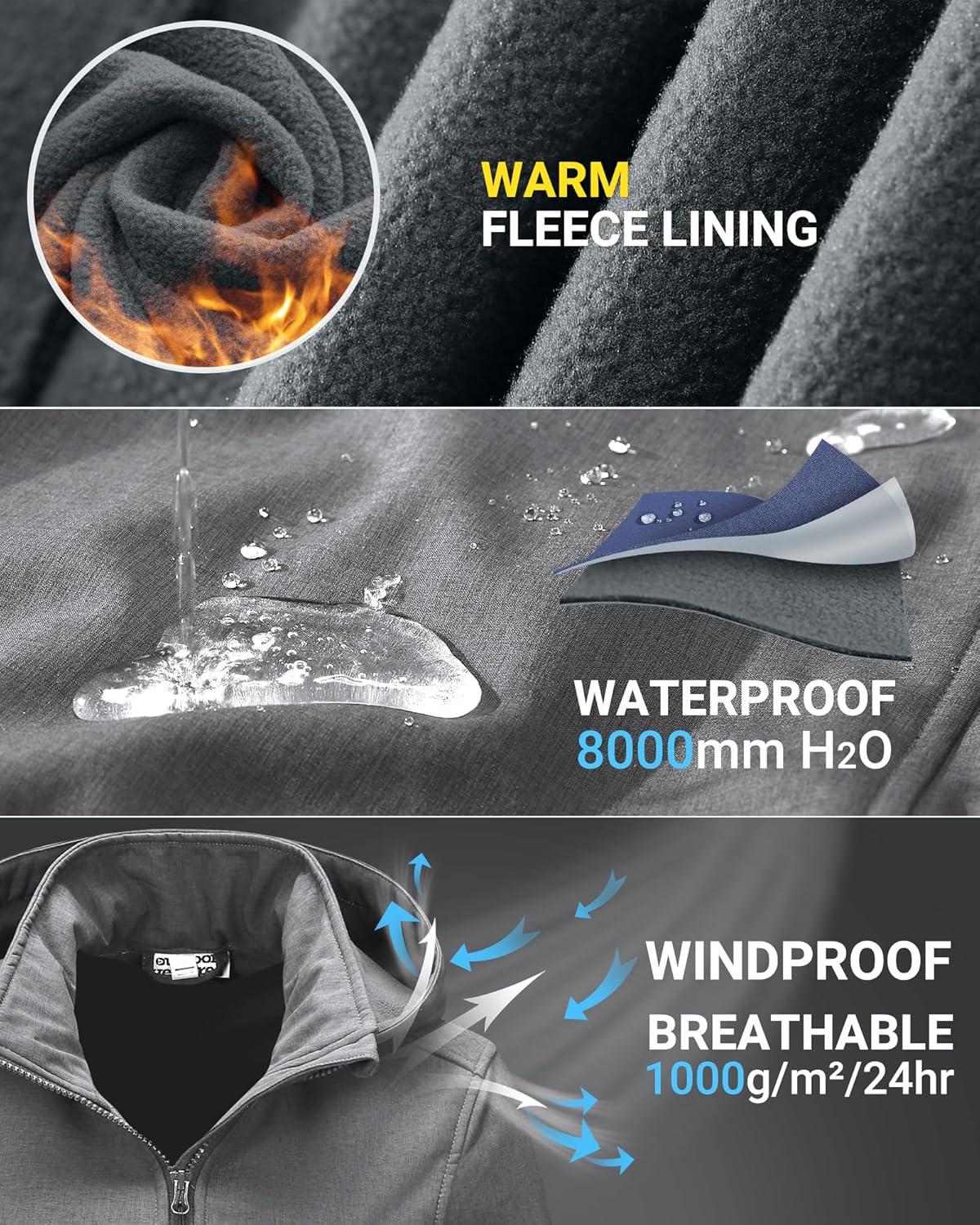 Outdoor Ventures Women’s Softshell Jacket with Removable Hood, Insulated Windbreaker Waterproof Warm Fleece Lined Coat(Light Grey Heather)