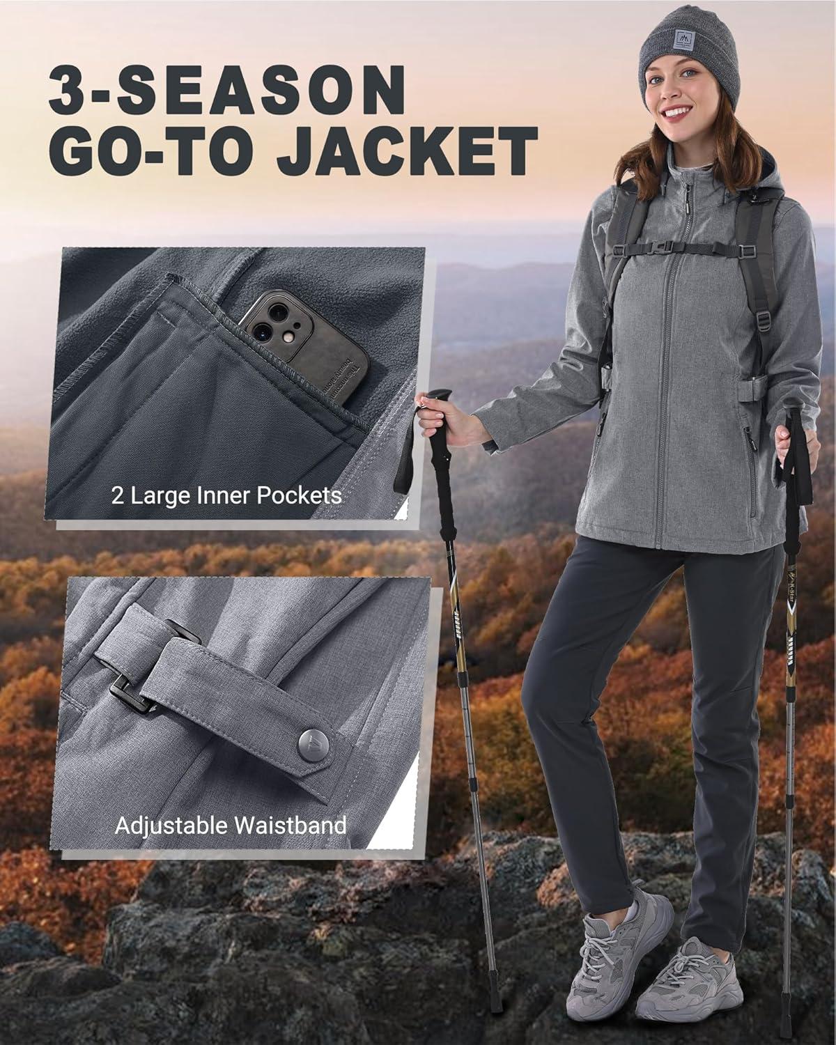 Outdoor Ventures Women’s Softshell Jacket with Removable Hood, Insulated Windbreaker Waterproof Warm Fleece Lined Coat(Light Grey Heather)