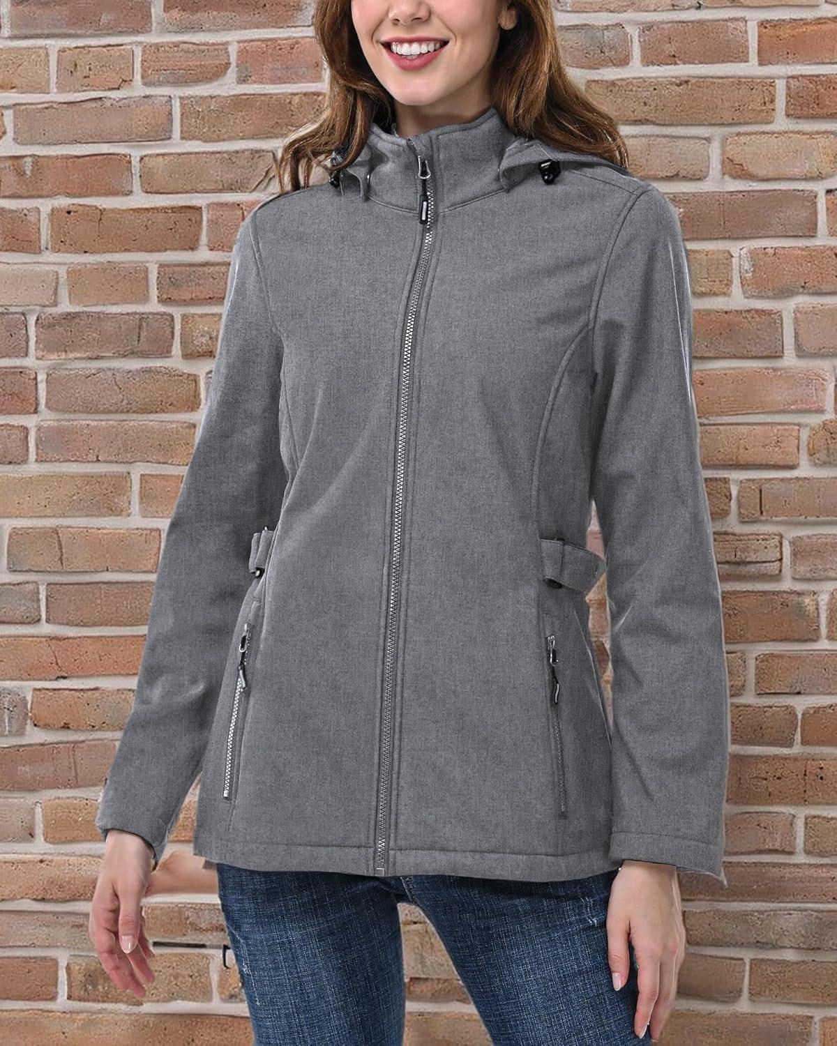 Outdoor Ventures Women’s Softshell Jacket with Removable Hood, Insulated Windbreaker Waterproof Warm Fleece Lined Coat(Light Grey Heather)