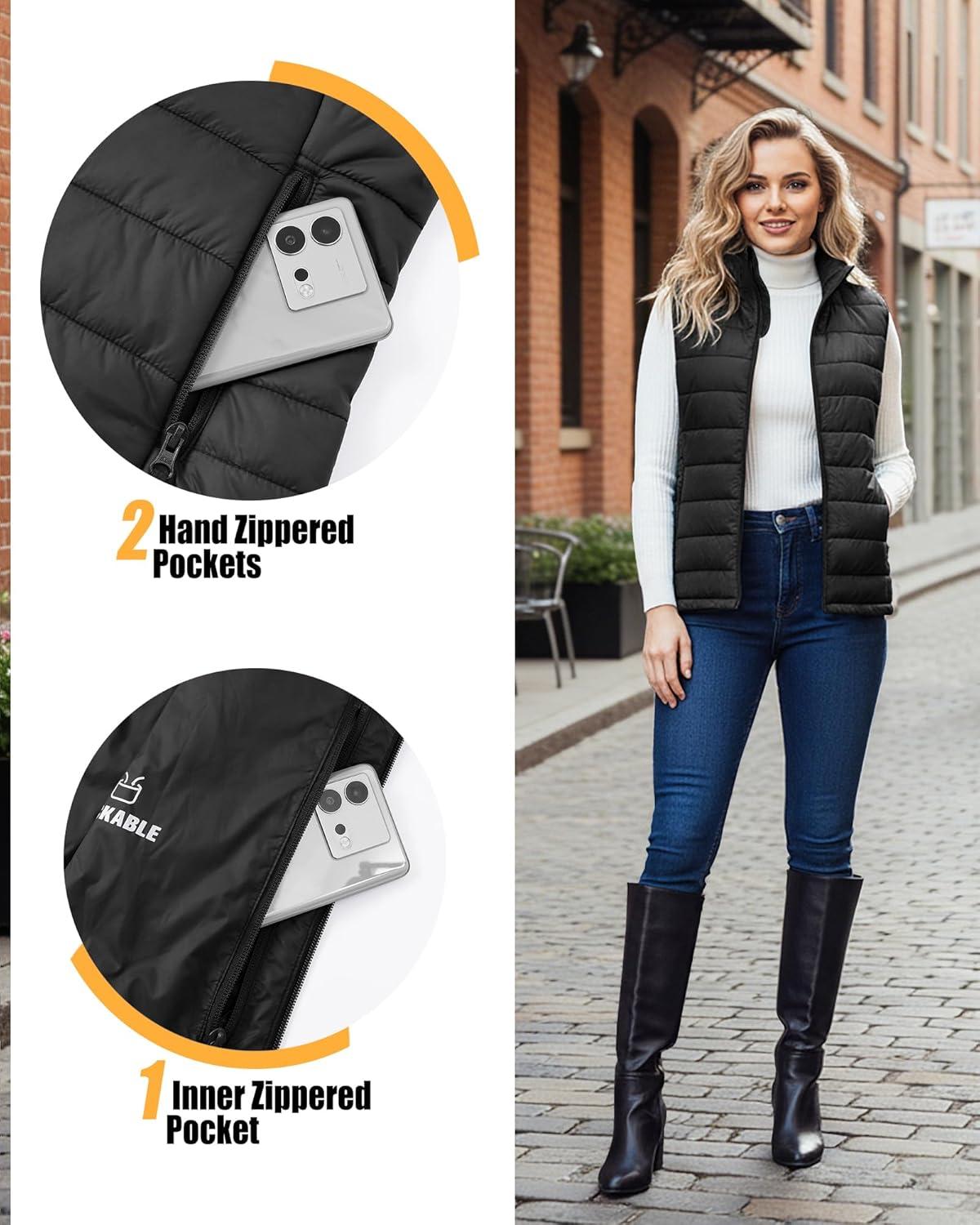Outdoor Ventures Women’s Lightweight Puffer Vest Outerwear Zip Up Warm Sleeveless Winter Jacket Padded Gilet Quilted Coat(Black)