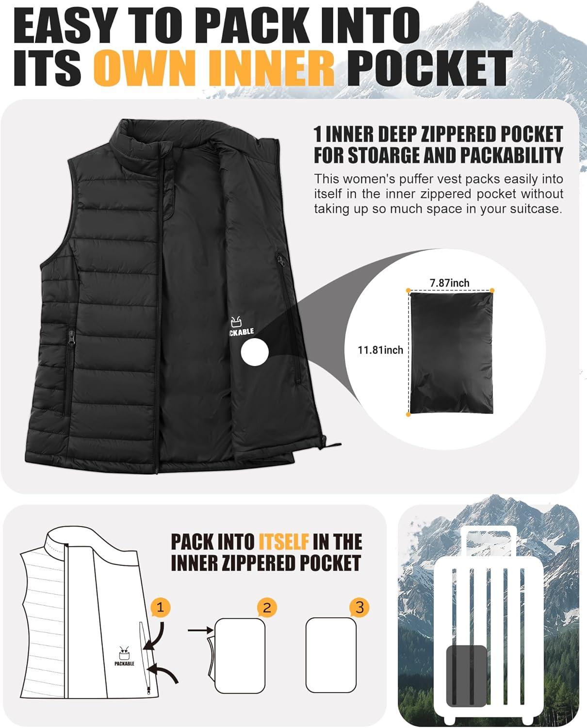 Outdoor Ventures Women’s Lightweight Puffer Vest Outerwear Zip Up Warm Sleeveless Winter Jacket Padded Gilet Quilted Coat(Black)