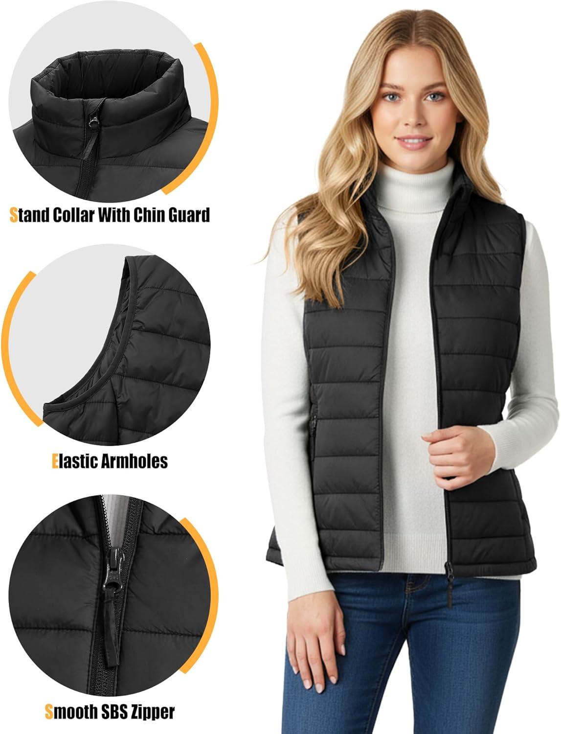 Outdoor Ventures Women’s Lightweight Puffer Vest Outerwear Zip Up Warm Sleeveless Winter Jacket Padded Gilet Quilted Coat(Black)