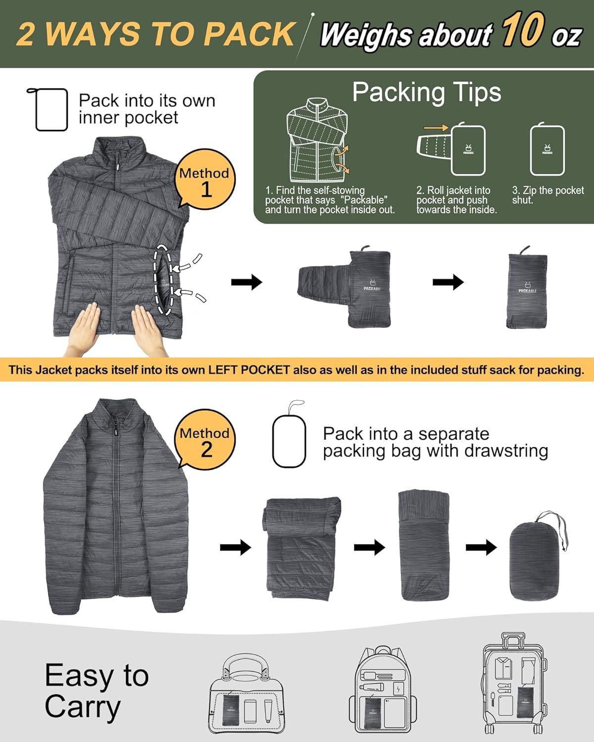 Outdoor Ventures Women’s Packable Full-Zip Short Puffer Jacket Insulated Quilted Warm Lightweight Winter Coat(Dark Grey Heather(fold in Pocket))