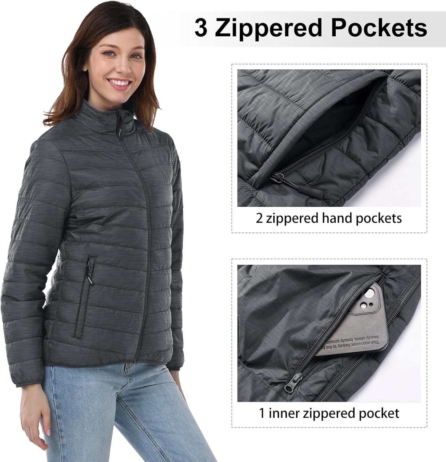 Outdoor Ventures Women’s Packable Full-Zip Short Puffer Jacket Insulated Quilted Warm Lightweight Winter Coat(Dark Grey Heather(fold in Pocket))