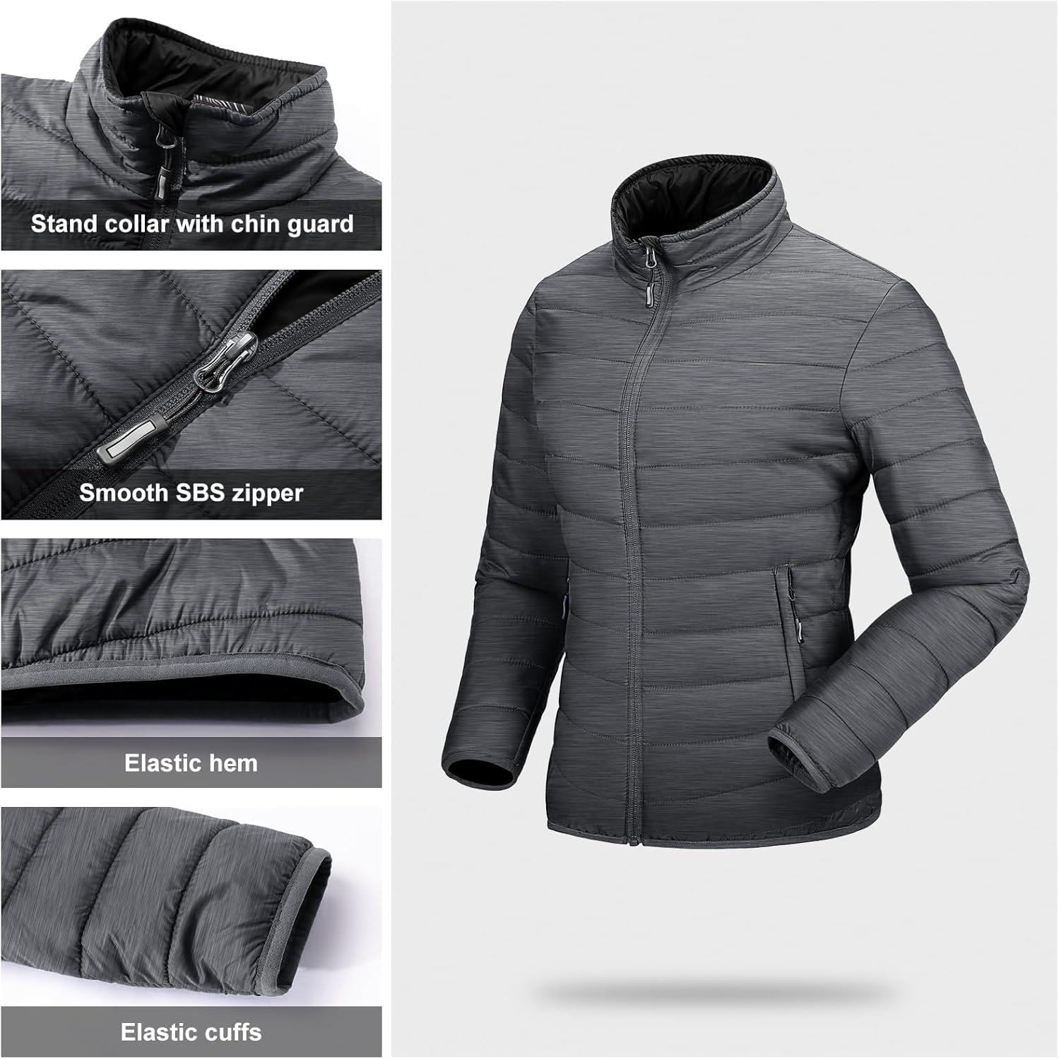 Outdoor Ventures Women’s Packable Full-Zip Short Puffer Jacket Insulated Quilted Warm Lightweight Winter Coat(Dark Grey Heather(fold in Pocket))