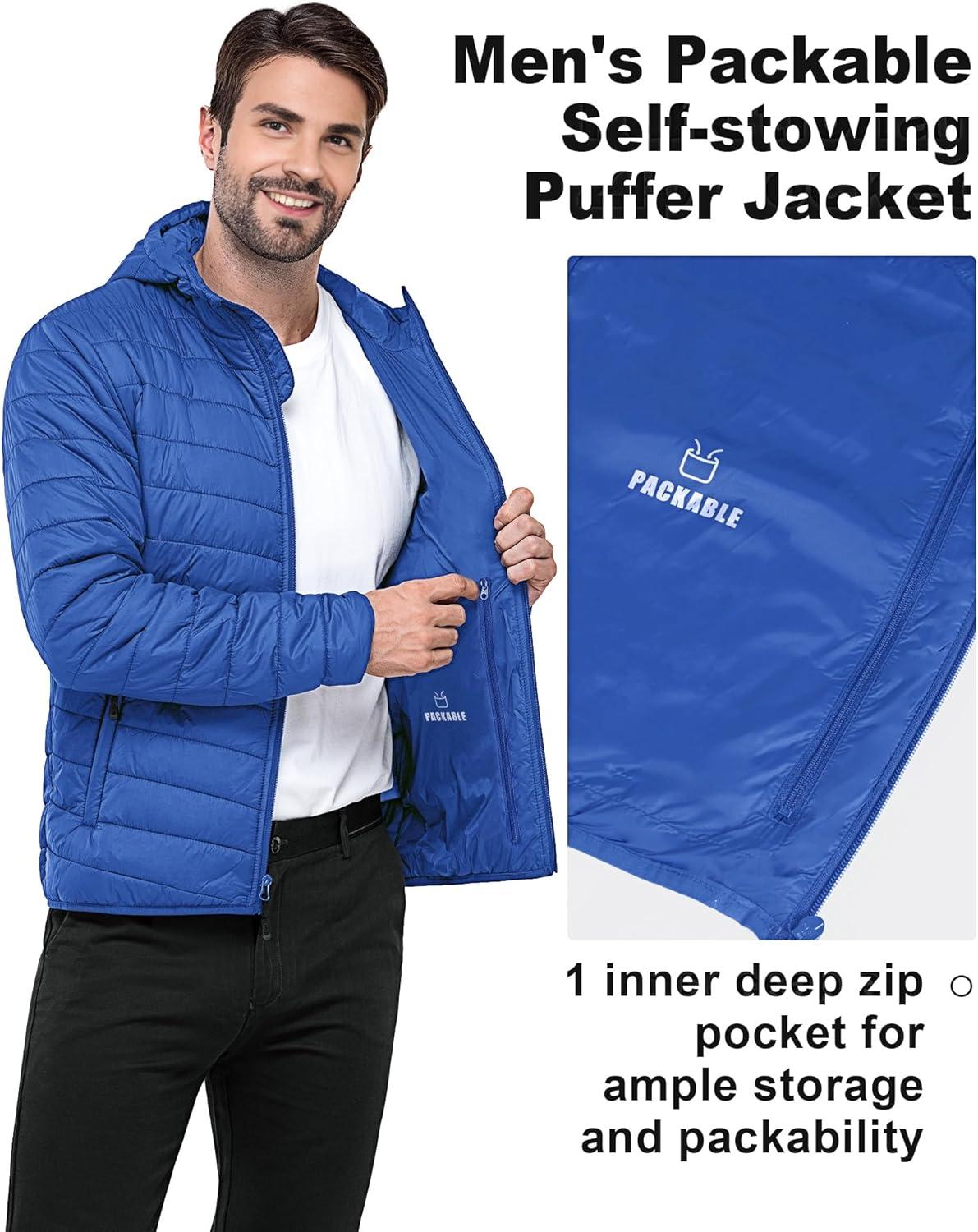 Outdoor Ventures Men’s Lightweight Packable Hooded Puffer Jacket Insulated Winter Coat for Snow Ski Traveling(Loyal Blue(fold in Pocket Or Bag))