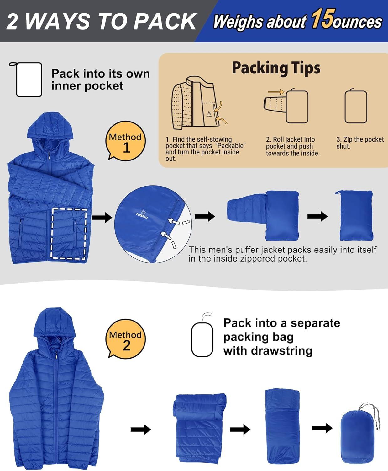 Outdoor Ventures Men’s Lightweight Packable Hooded Puffer Jacket Insulated Winter Coat for Snow Ski Traveling(Loyal Blue(fold in Pocket Or Bag))