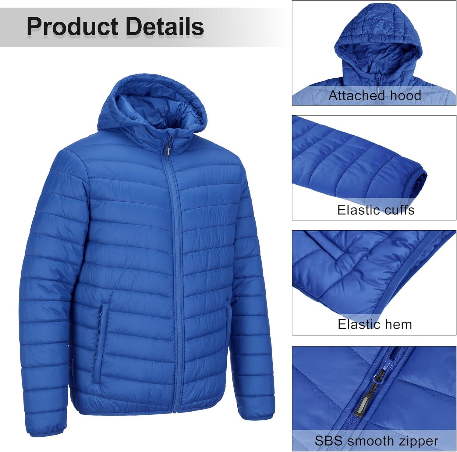 Outdoor Ventures Men’s Lightweight Packable Hooded Puffer Jacket Insulated Winter Coat for Snow Ski Traveling(Loyal Blue(fold in Pocket Or Bag))