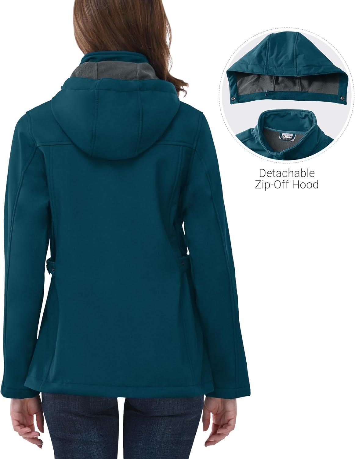 Outdoor Ventures Women’s Softshell Jacket with Removable Hood, Insulated Windbreaker Waterproof Warm Fleece Lined Coat(Modern Blue)