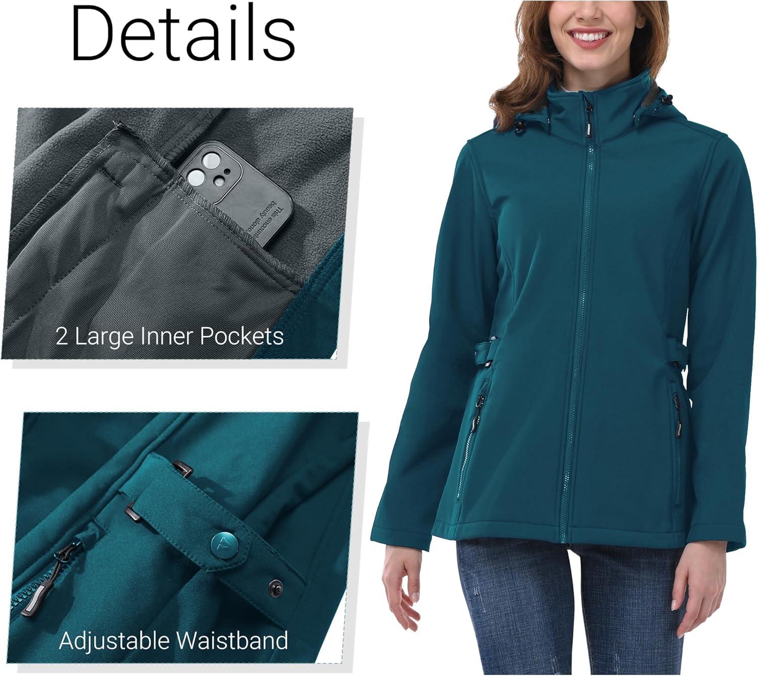 Outdoor Ventures Women’s Softshell Jacket with Removable Hood, Insulated Windbreaker Waterproof Warm Fleece Lined Coat(Modern Blue)
