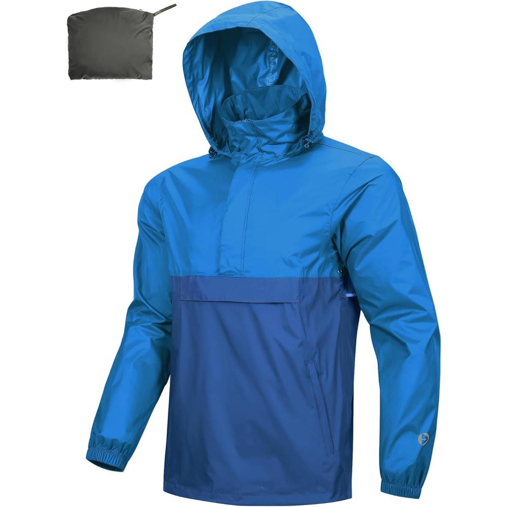 Outdoor Ventures Men’s Rain Jacket Waterproof Lightweight Packable Rain Pullover for Hiking Golf Running(Bright Blue/Classic Blue)
