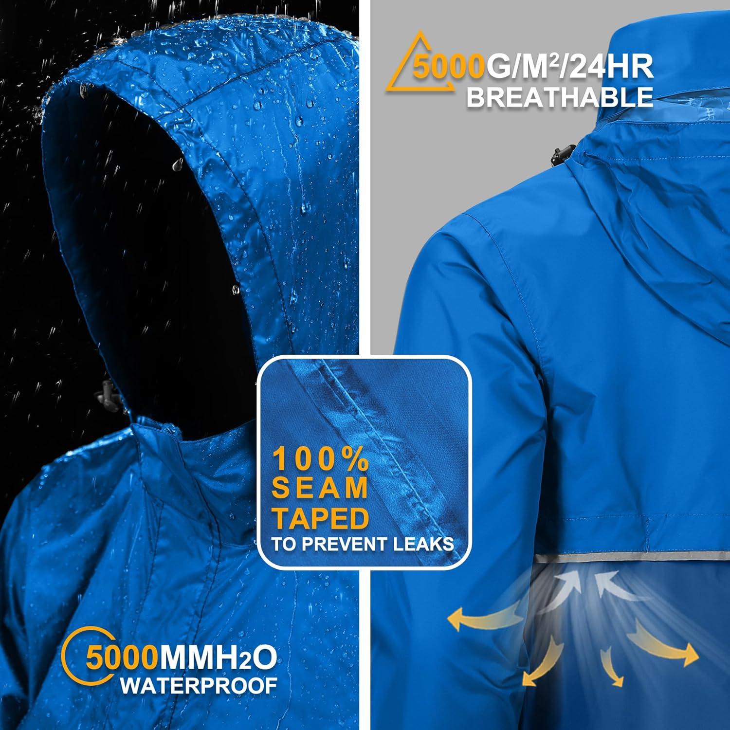 Outdoor Ventures Men’s Rain Jacket Waterproof Lightweight Packable Rain Pullover for Hiking Golf Running(Bright Blue/Classic Blue)