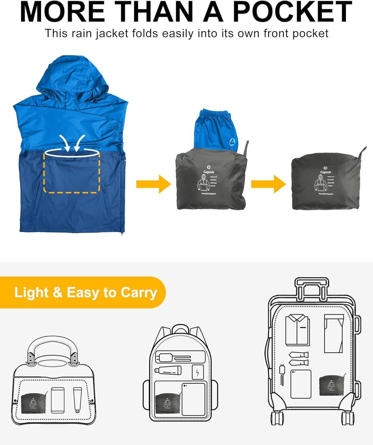 Outdoor Ventures Men’s Rain Jacket Waterproof Lightweight Packable Rain Pullover for Hiking Golf Running(Bright Blue/Classic Blue)