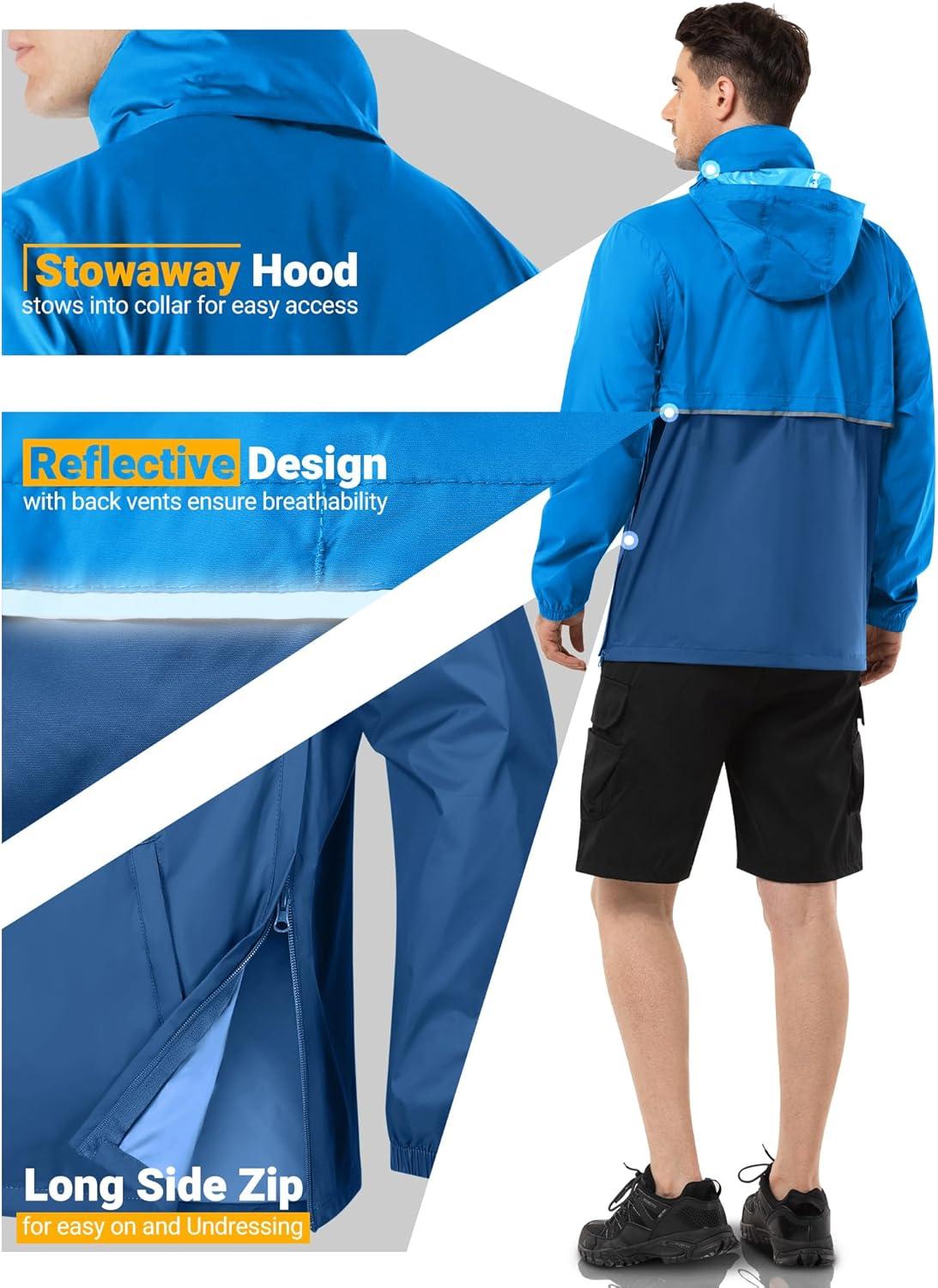 Outdoor Ventures Men’s Rain Jacket Waterproof Lightweight Packable Rain Pullover for Hiking Golf Running(Bright Blue/Classic Blue)