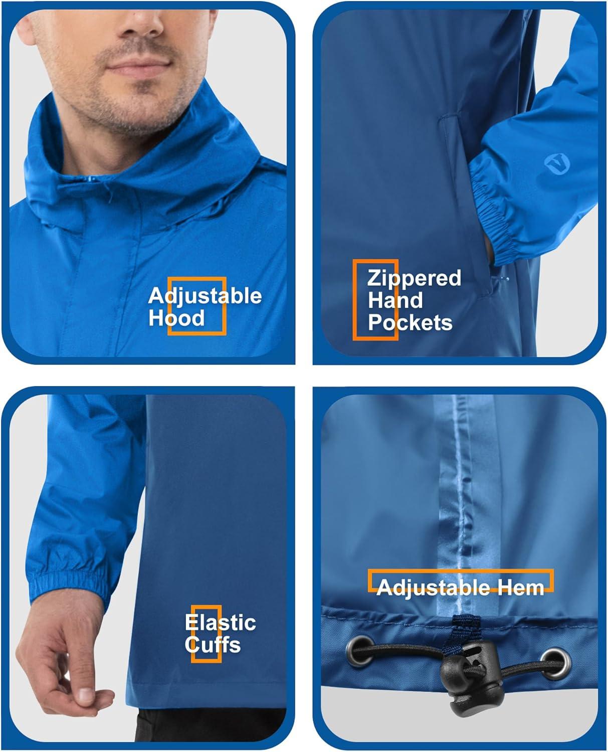 Outdoor Ventures Men’s Rain Jacket Waterproof Lightweight Packable Rain Pullover for Hiking Golf Running(Bright Blue/Classic Blue)