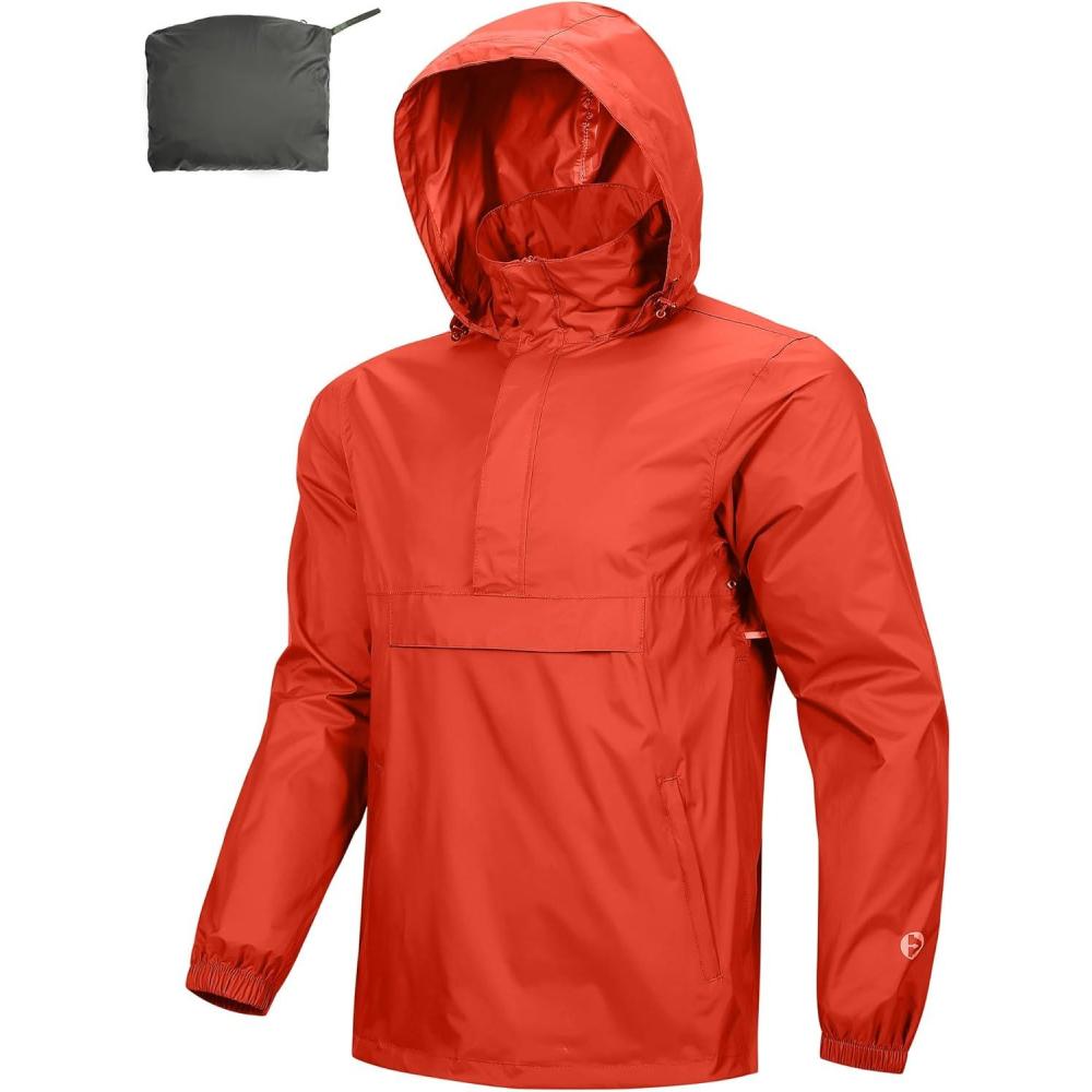 Outdoor Ventures Men’s Rain Jacket Waterproof Lightweight Packable Rain Pullover for Hiking Golf Running(Orange Red)
