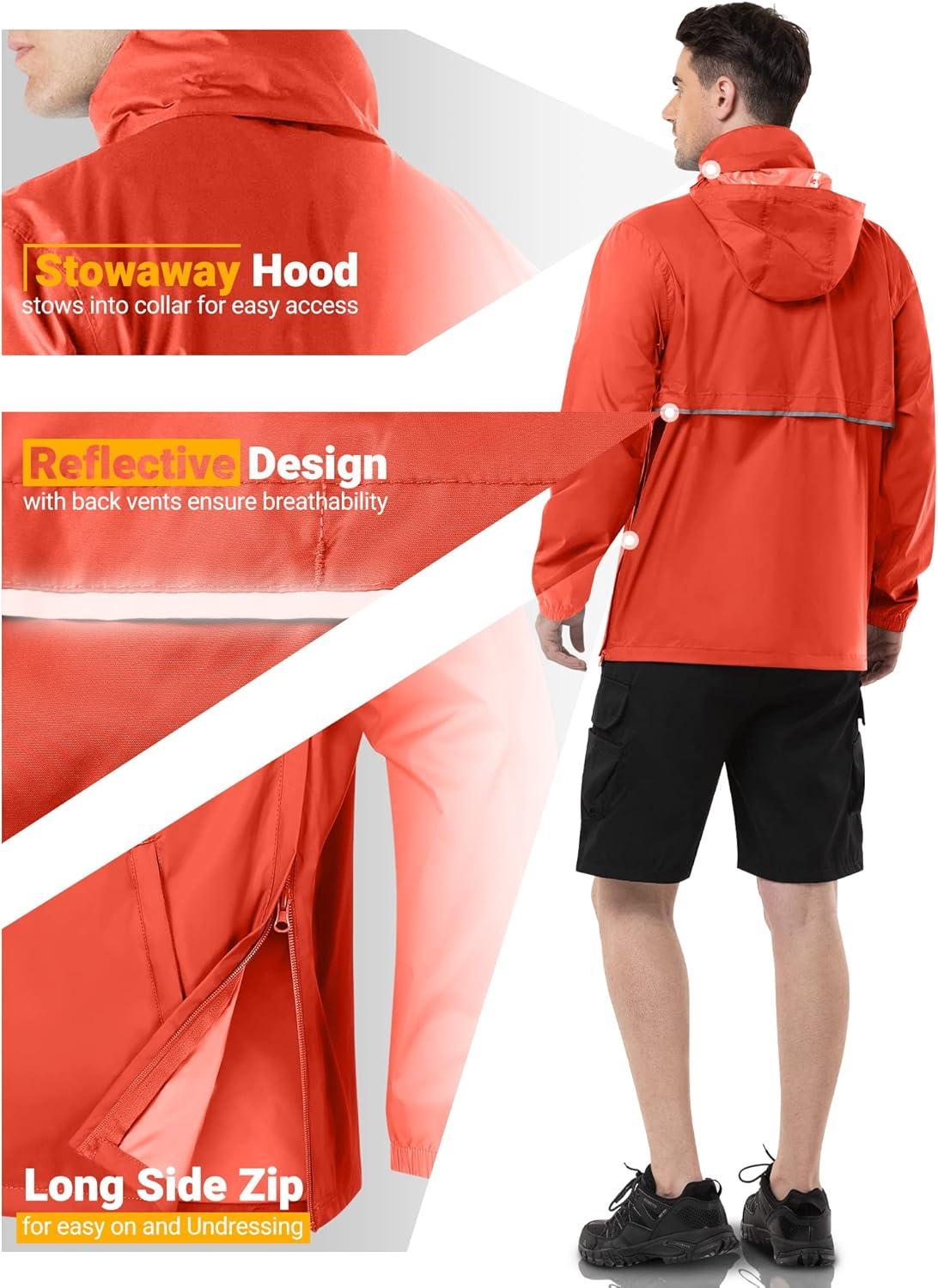Outdoor Ventures Men’s Rain Jacket Waterproof Lightweight Packable Rain Pullover for Hiking Golf Running(Orange Red)