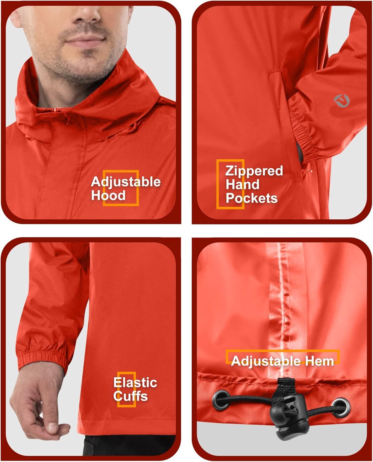 Outdoor Ventures Men’s Rain Jacket Waterproof Lightweight Packable Rain Pullover for Hiking Golf Running(Orange Red)