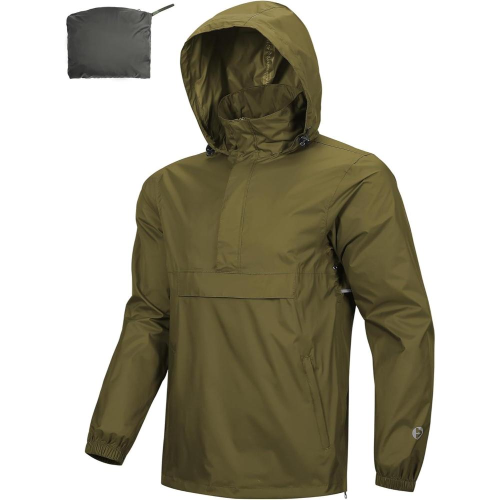 Outdoor Ventures Men’s Rain Jacket Waterproof Lightweight Packable Rain Pullover for Hiking Golf Running(Olive)