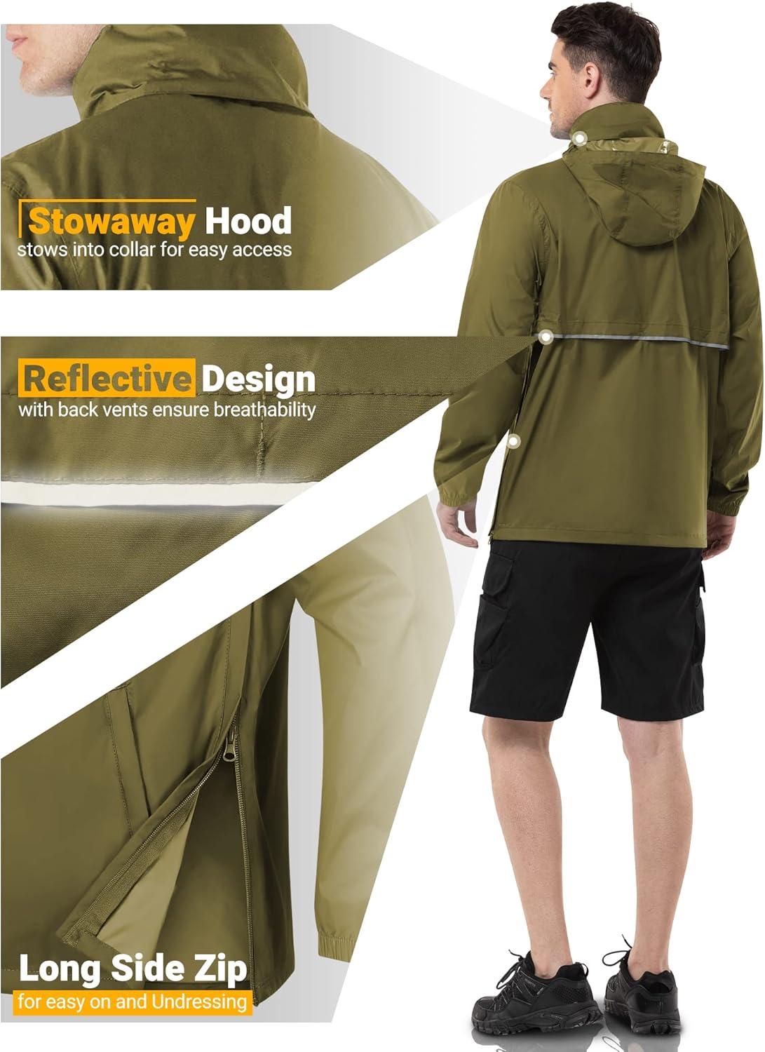 Outdoor Ventures Men’s Rain Jacket Waterproof Lightweight Packable Rain Pullover for Hiking Golf Running(Olive)