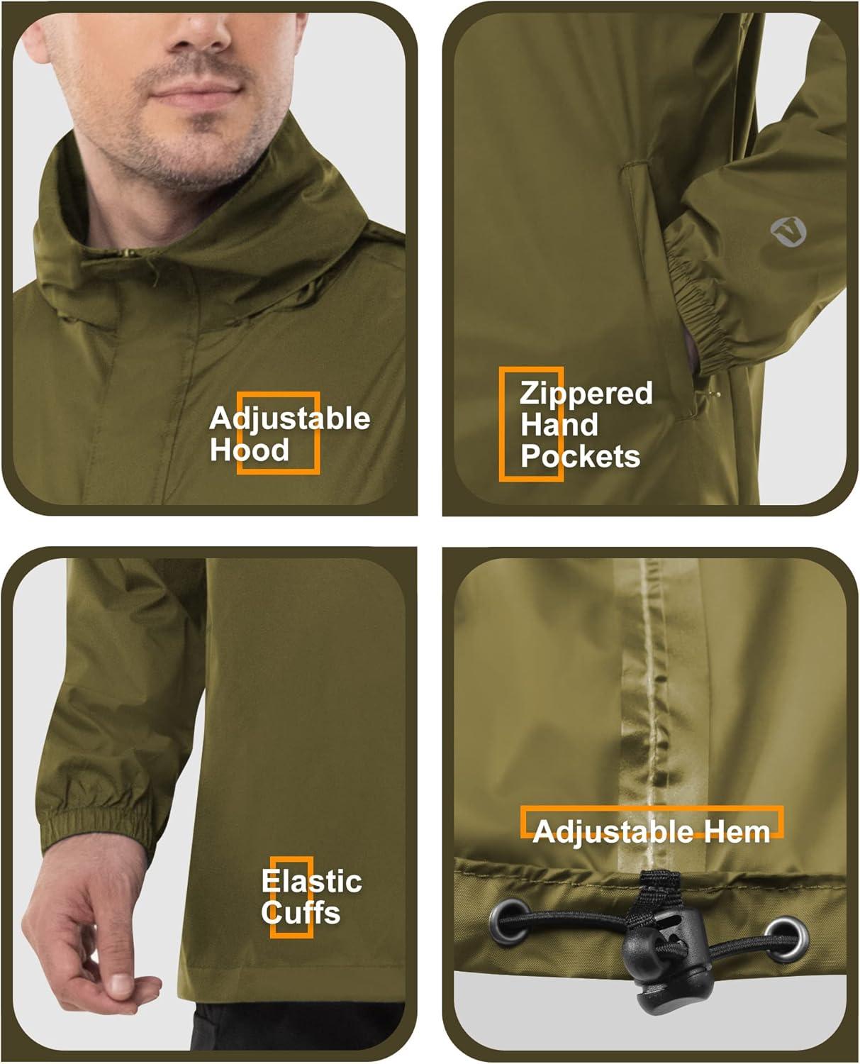 Outdoor Ventures Men’s Rain Jacket Waterproof Lightweight Packable Rain Pullover for Hiking Golf Running(Olive)