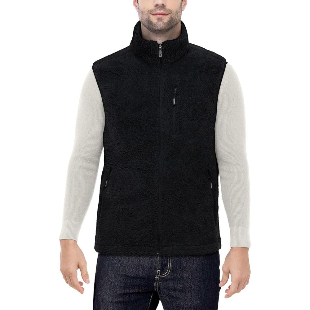 Outdoor Ventures Men’s Full-Zip Lightweight Polar Fleece Vest Outerwear with 5 Pockets Warm Winter Sleeveless Jacket Casual(Sherpa Black)