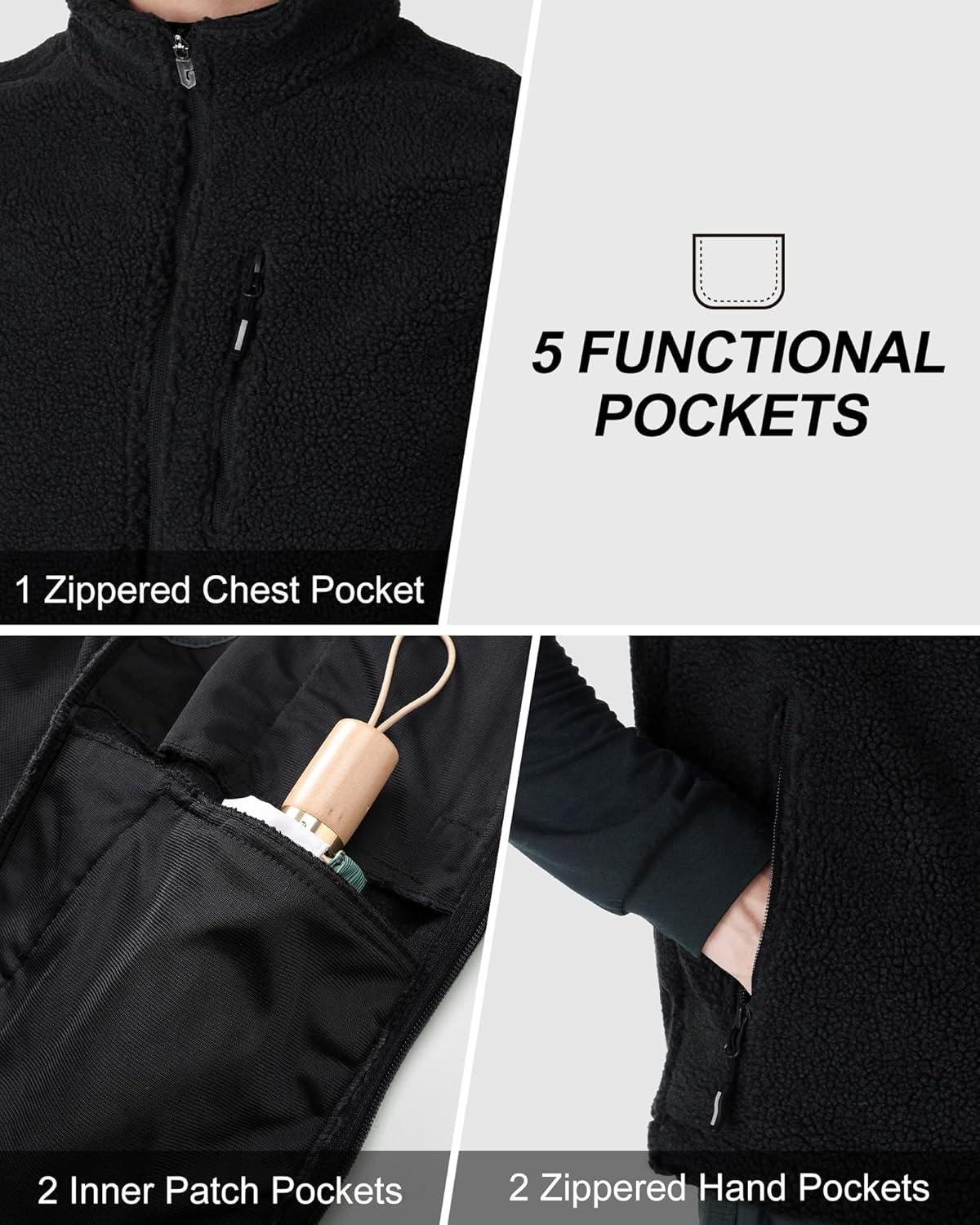 Outdoor Ventures Men’s Full-Zip Lightweight Polar Fleece Vest Outerwear with 5 Pockets Warm Winter Sleeveless Jacket Casual(Sherpa Black)