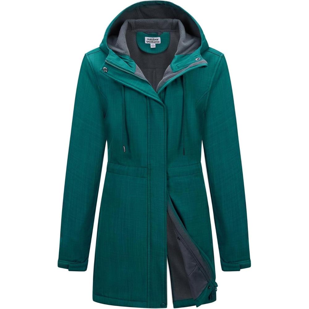 Outdoor Ventures Women’s Lightweight Waterproof Fleece Lined Hooded Softshell Rain Jacket, Warm Windbreaker Long Coat(Green Check)
