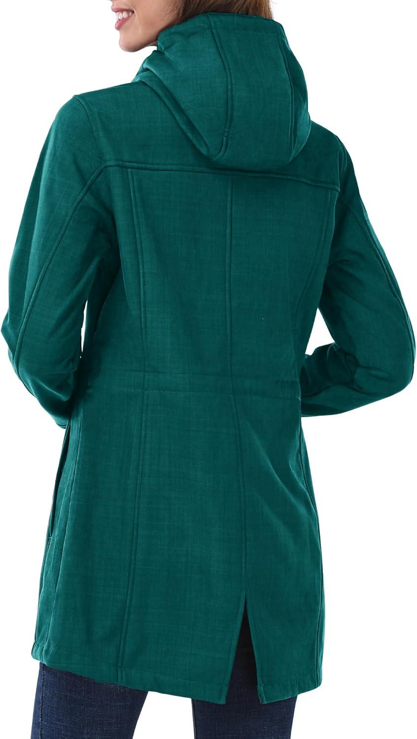 Outdoor Ventures Women’s Lightweight Waterproof Fleece Lined Hooded Softshell Rain Jacket, Warm Windbreaker Long Coat(Green Check)