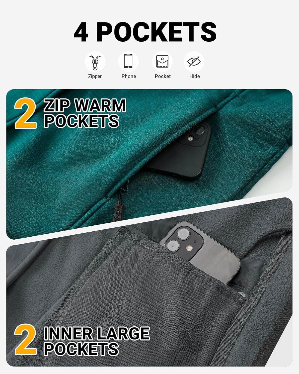 Outdoor Ventures Women’s Lightweight Waterproof Fleece Lined Hooded Softshell Rain Jacket, Warm Windbreaker Long Coat(Green Check)