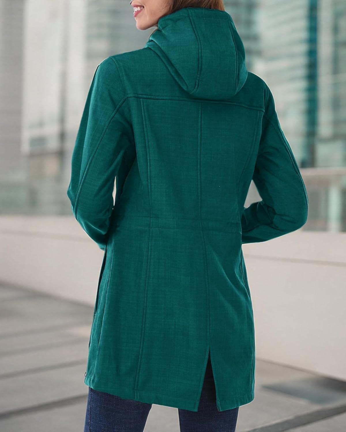 Outdoor Ventures Women’s Lightweight Waterproof Fleece Lined Hooded Softshell Rain Jacket, Warm Windbreaker Long Coat(Green Check)